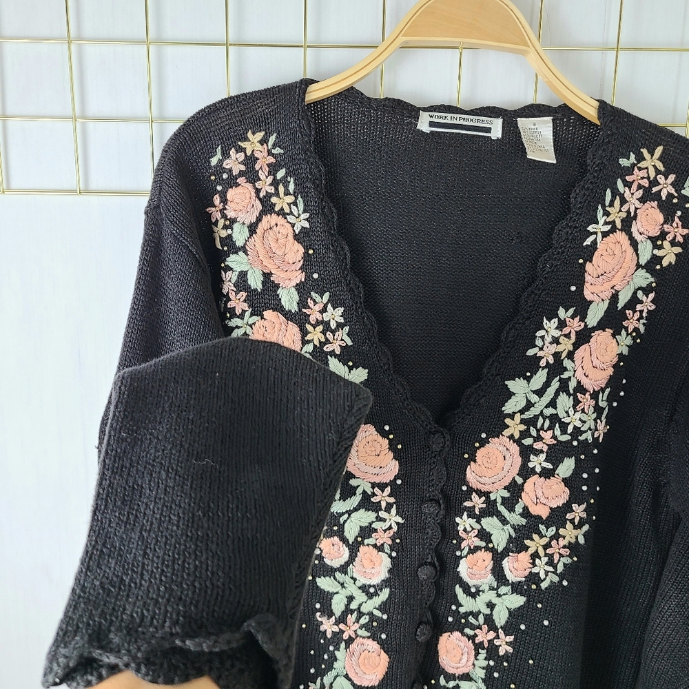 Work In Progress Embroidered Pearl Beaded Vintage Grandma Cardigan Sweater - Picture 4 of 12